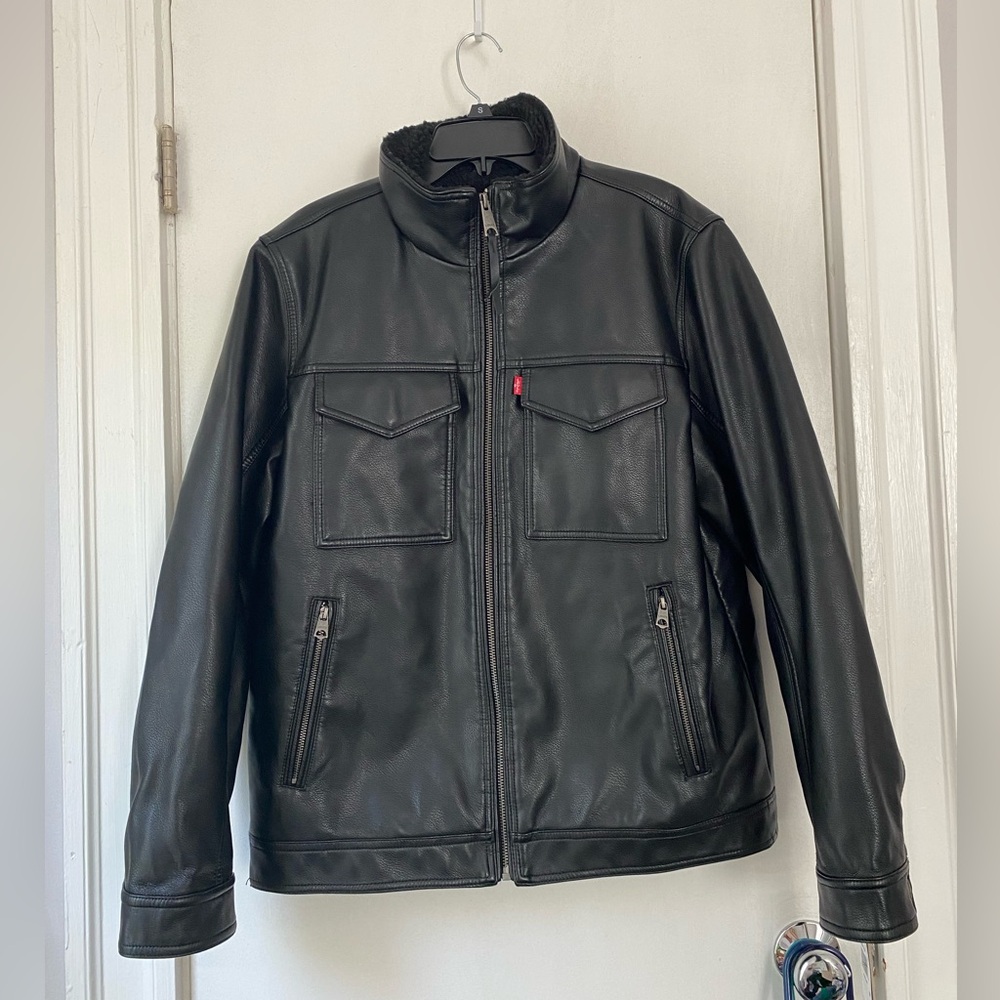 NWT Levi's Mens Faux Shearling Lined Rancher Black Faux Leather Jacket Medium